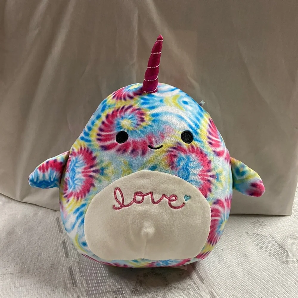 SQUISHMALLOWS Milaina Tie Dye Rainbow Colored Love Plush Narwhal Whale 10” Tall